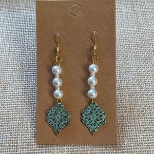 Lovely Faux Pearls Earrings with Teal Charm